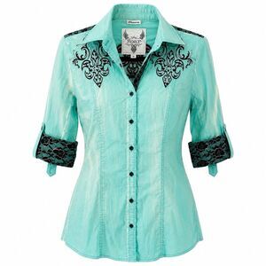 ROAR Womens Medium Shirt Button Up Tunic Acid Wash Embroidery Western Rhinestone